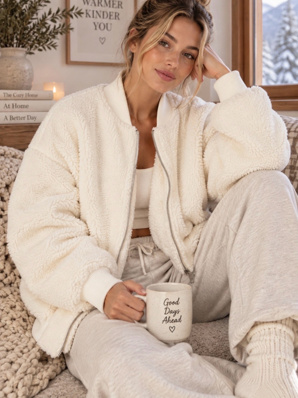 Fabletics Teddy Oversized Bomber Jacket Cozycore Athleisure Ski Lodge